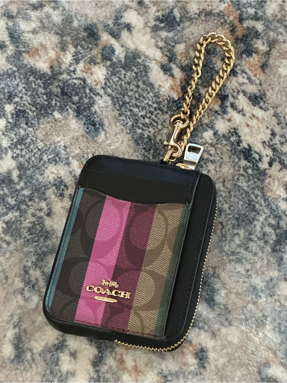 NWT Coach Multicolor Signature Stripe Card Case with Gold Chain